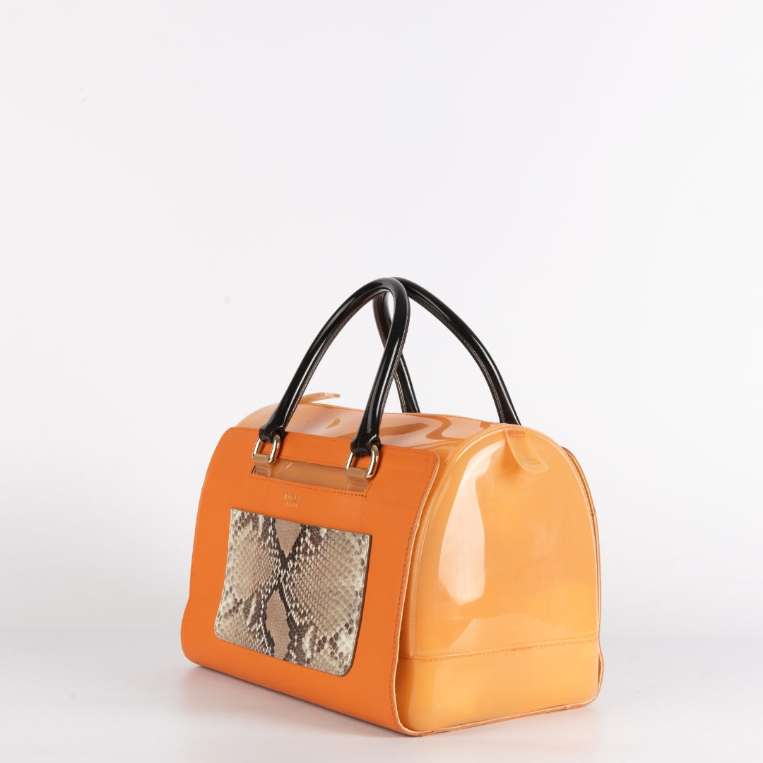 Furla Orange/Brown Rubber and Snakeskin Embossed Leather Candy Satchel