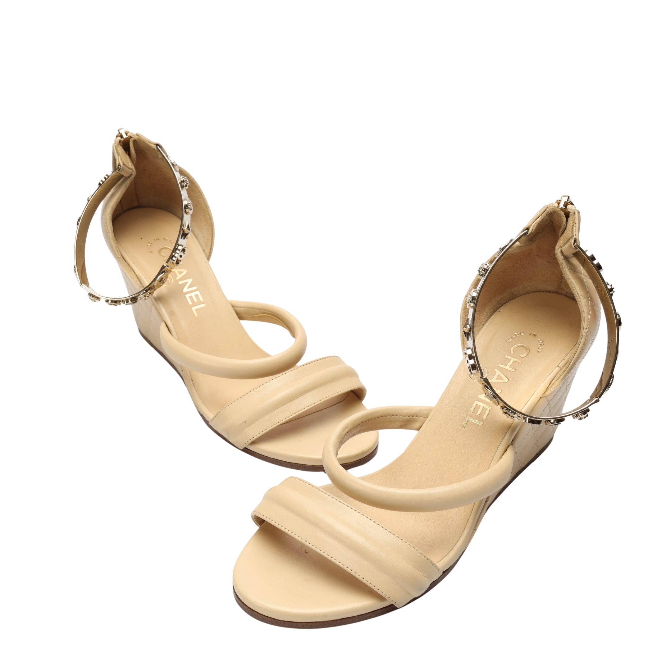 Chanel Beige Quilted Ankle Cuff Wedge Sandals