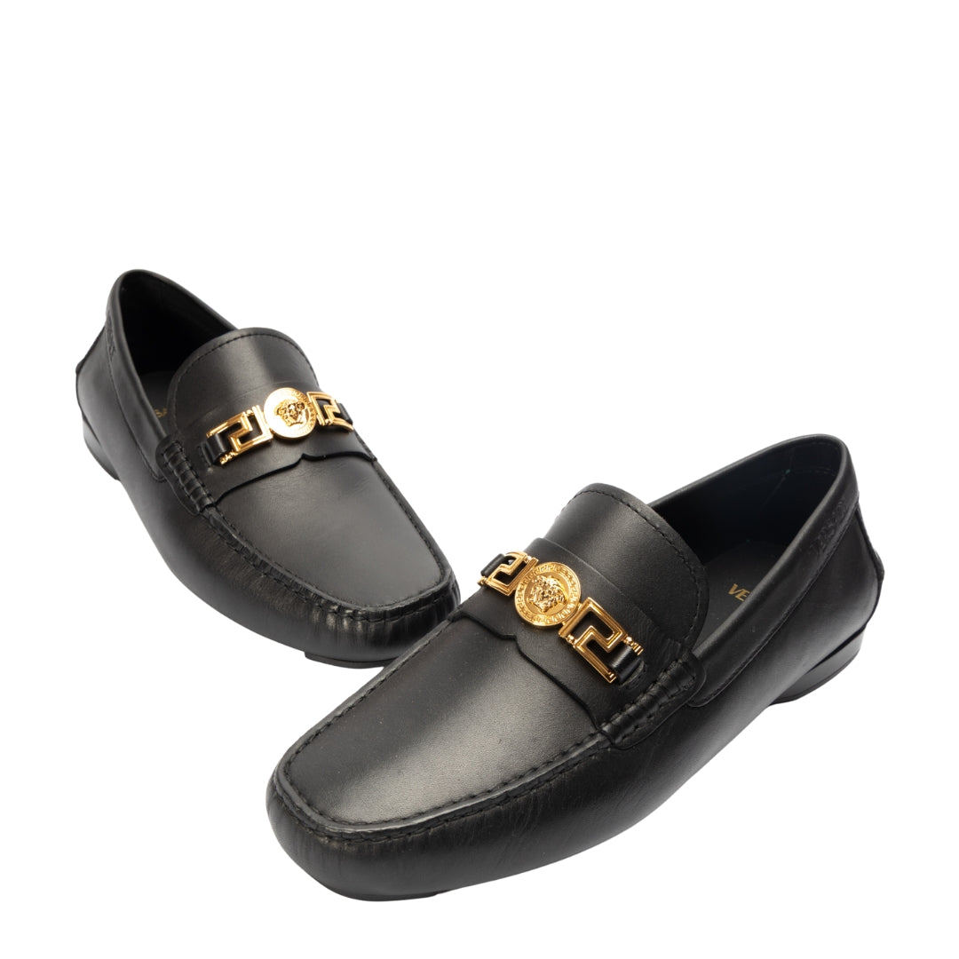 Versace Black Leather Medusa Slip On Loafers