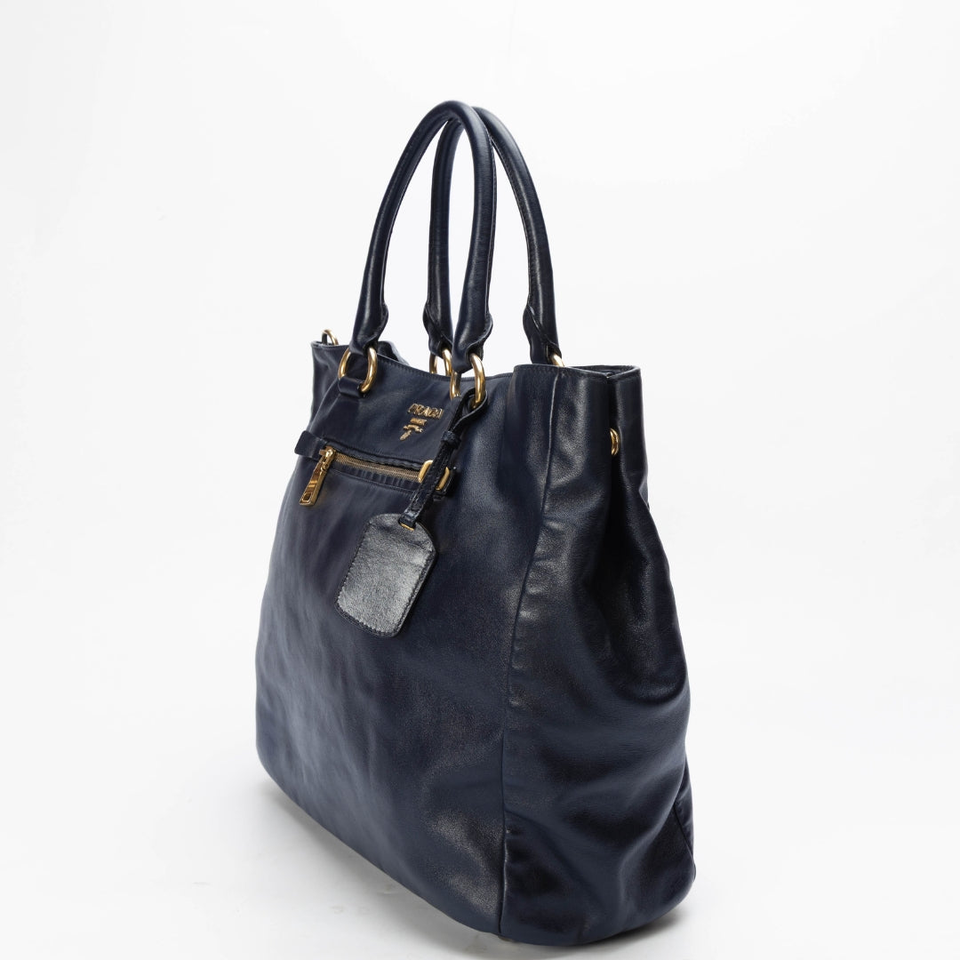 Prada Blue Soft Leather Front Zip Tote