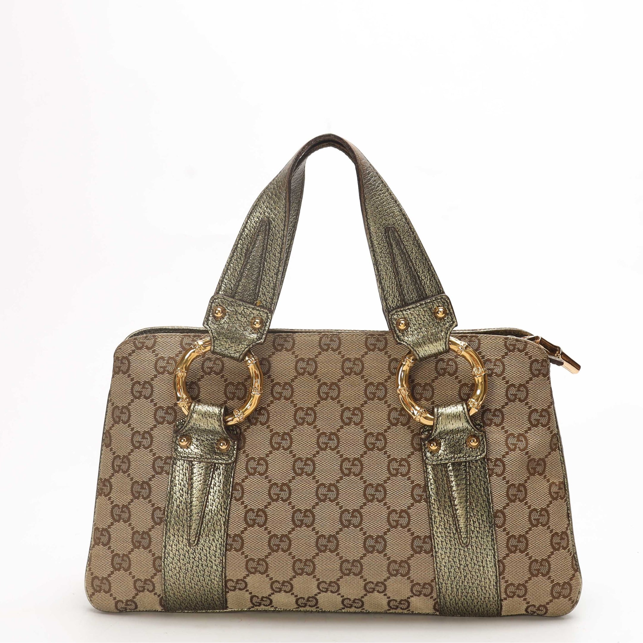 Gucci Metallic/Beige GG Canvas Bamboo Ring Satchel
