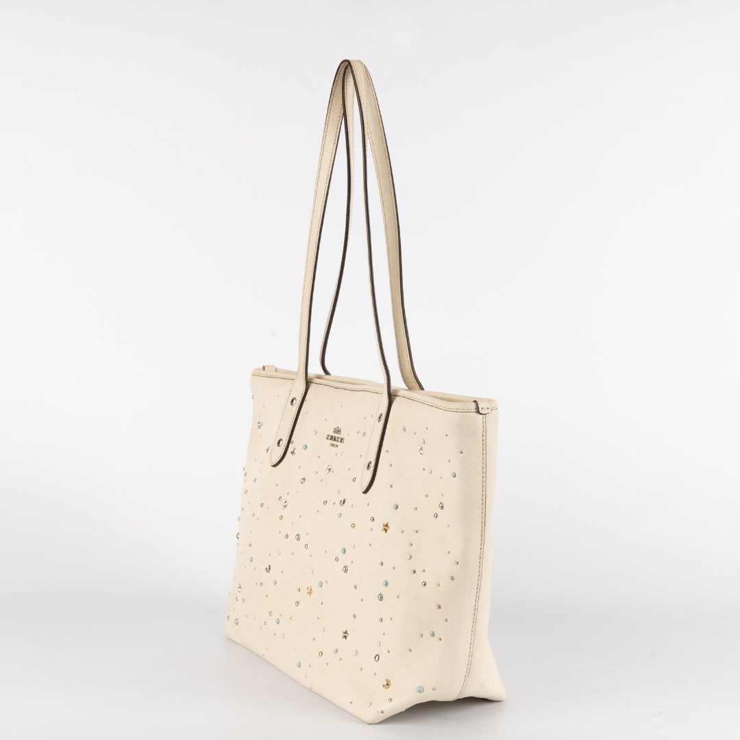 Coach Ivory Leather Stardust Studs City Zip Tote