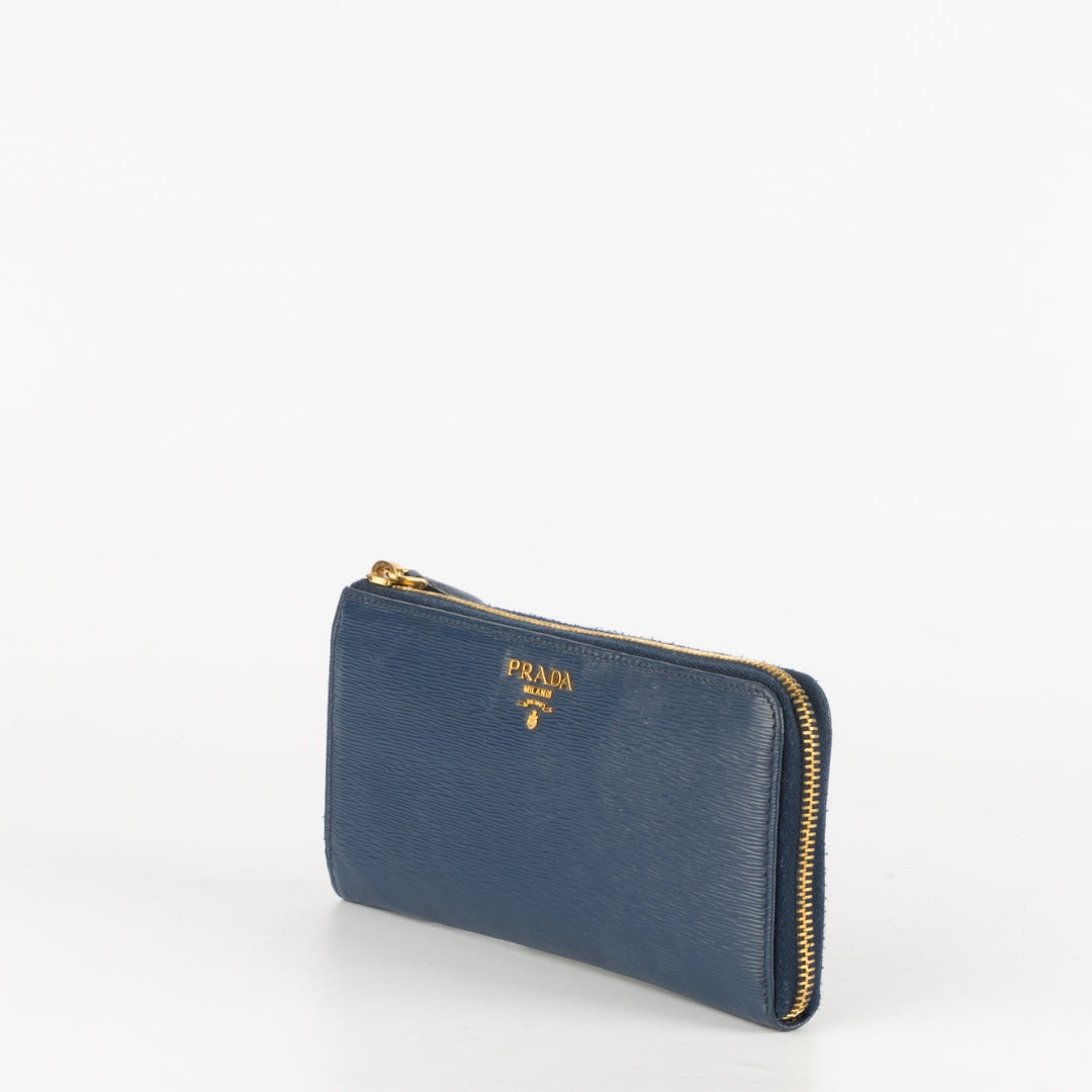 Prada Blue Vitello Move Leather Zip Around Wallet