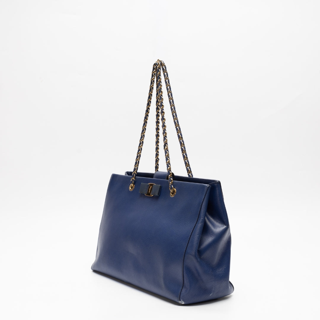 Salvatore Ferragamo Chain-Link Blue Saffiano Leather Tote Bag