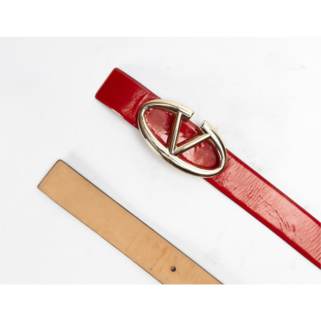 Valentino Red Patent Leather Logo Platino Belt