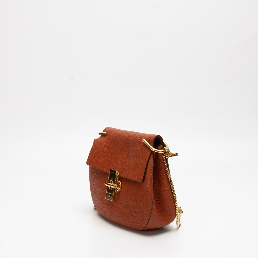 Chloe Burnt Orange Leather Medium Drew Crossbody Bag