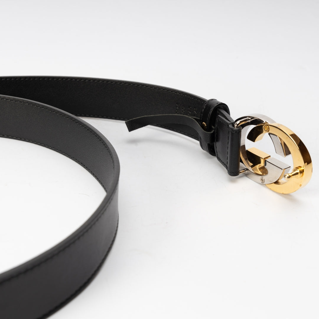 Gucci Black Leather Interlocking G Buckle Belt