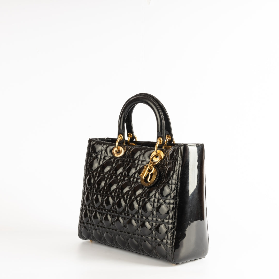 Lady Dior Black Cannage Quilted Patent Leather Bag