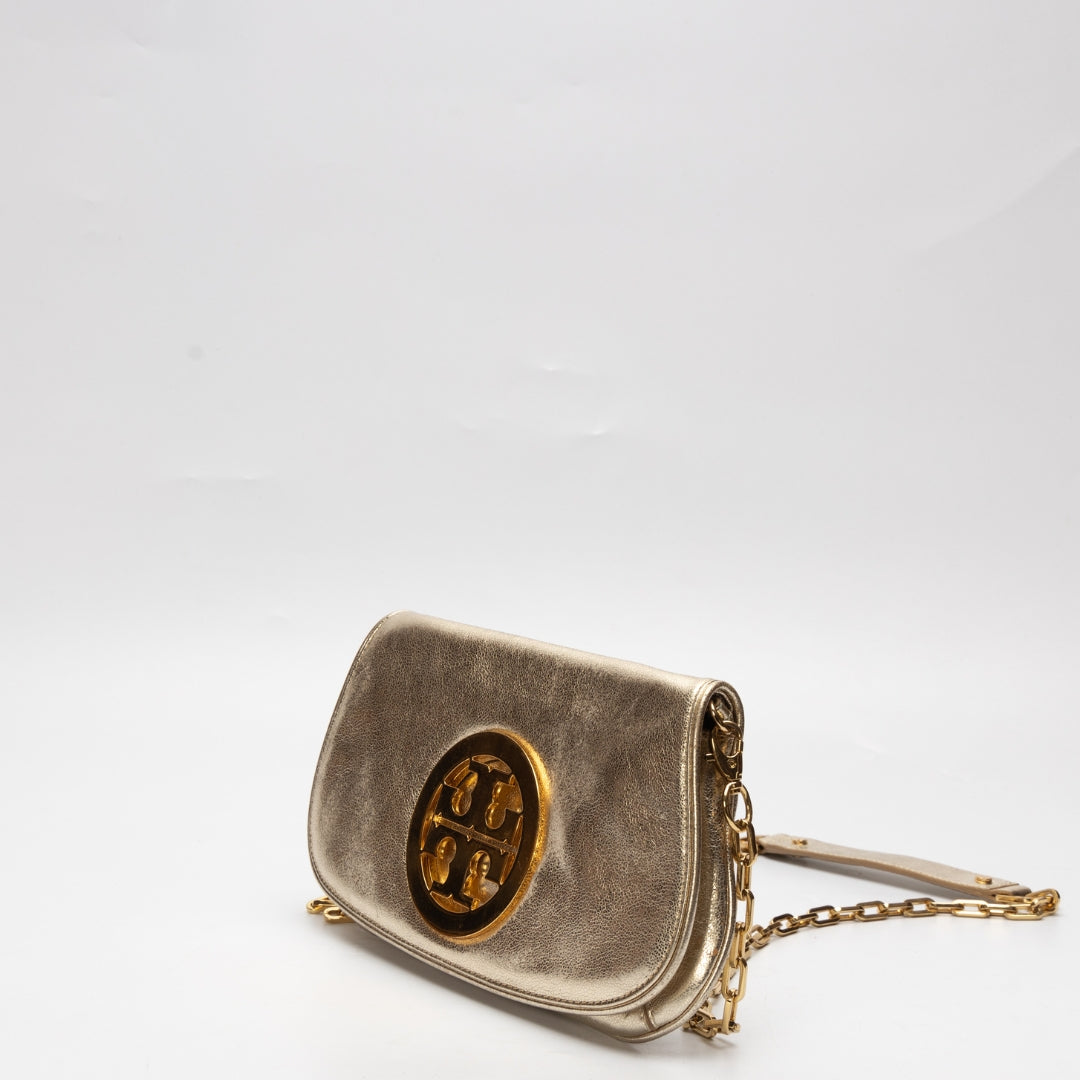 Tory Burch Gold Laminated Leather Reva Logo Crossbody Bag