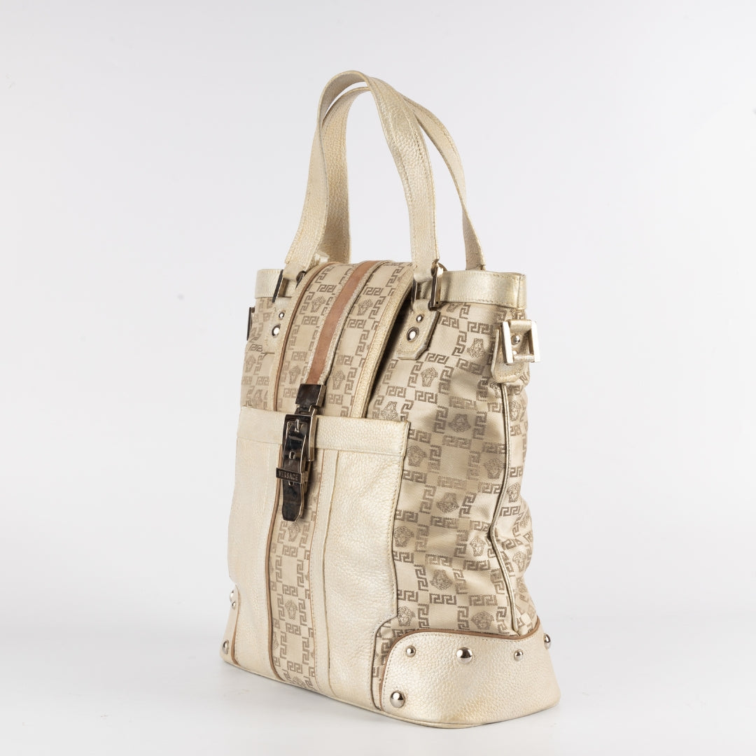 Versace Beige Metallic Signature Fabric and Leather Tote Bag