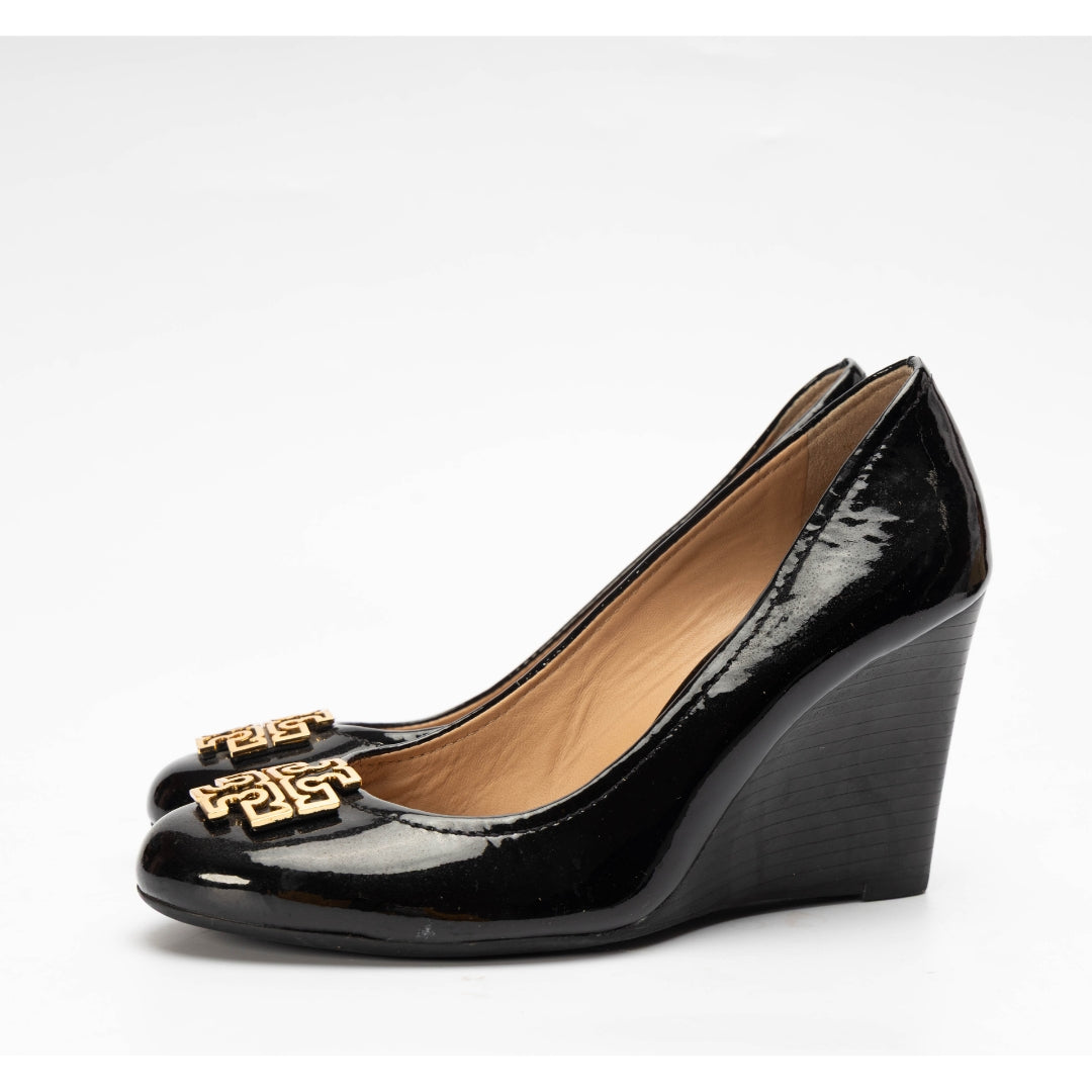 Tory Burch Black Leather Lowell Wedge Pumps
