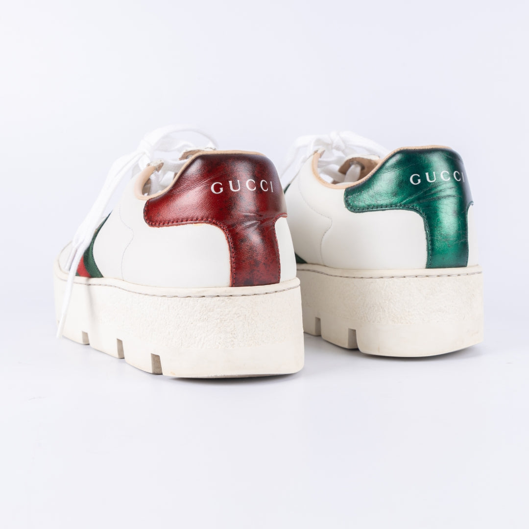 Gucci White Leather Bee Ace Platform Low Top Sneakers