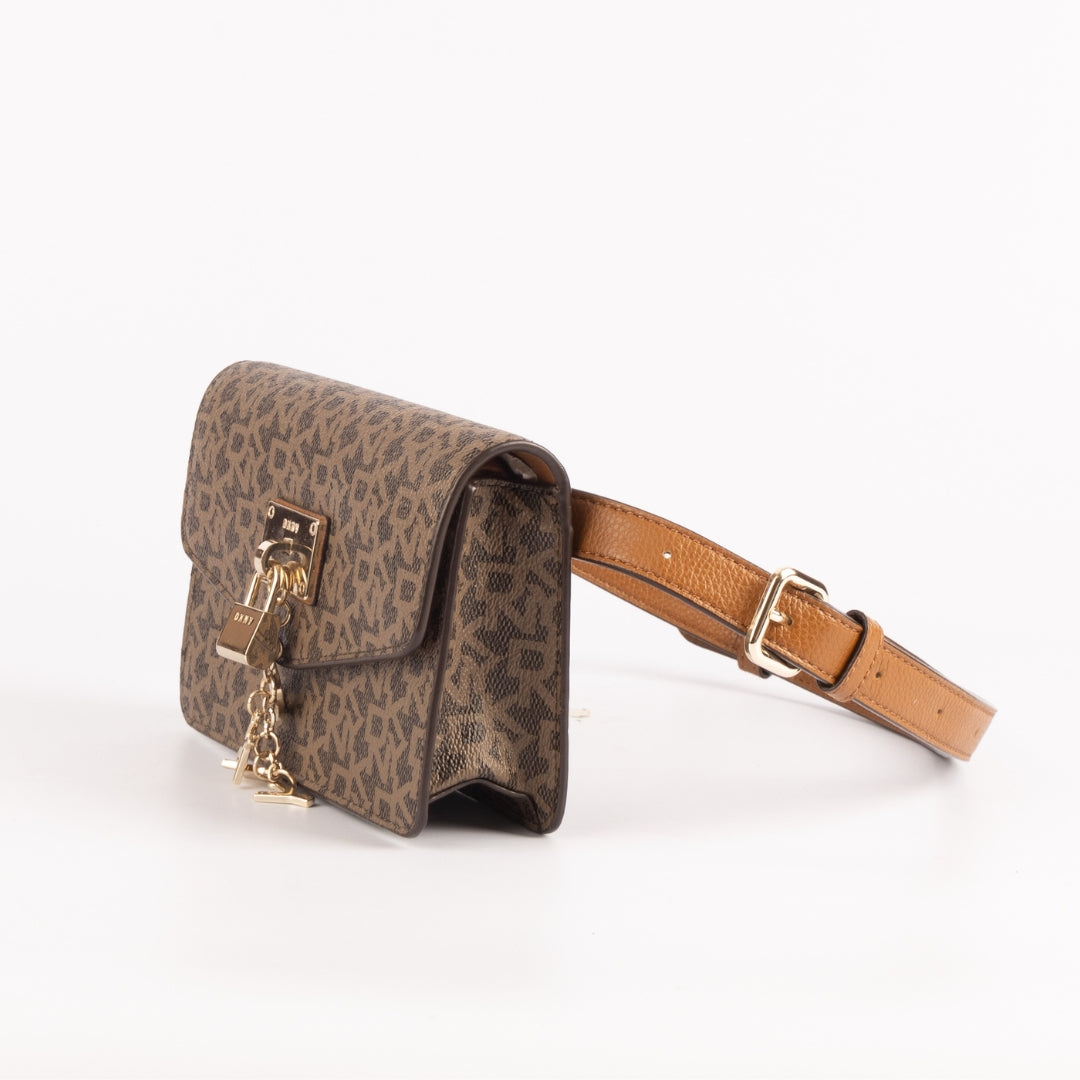 DKNY Brown Monogram and Leather Trim Belt Bag