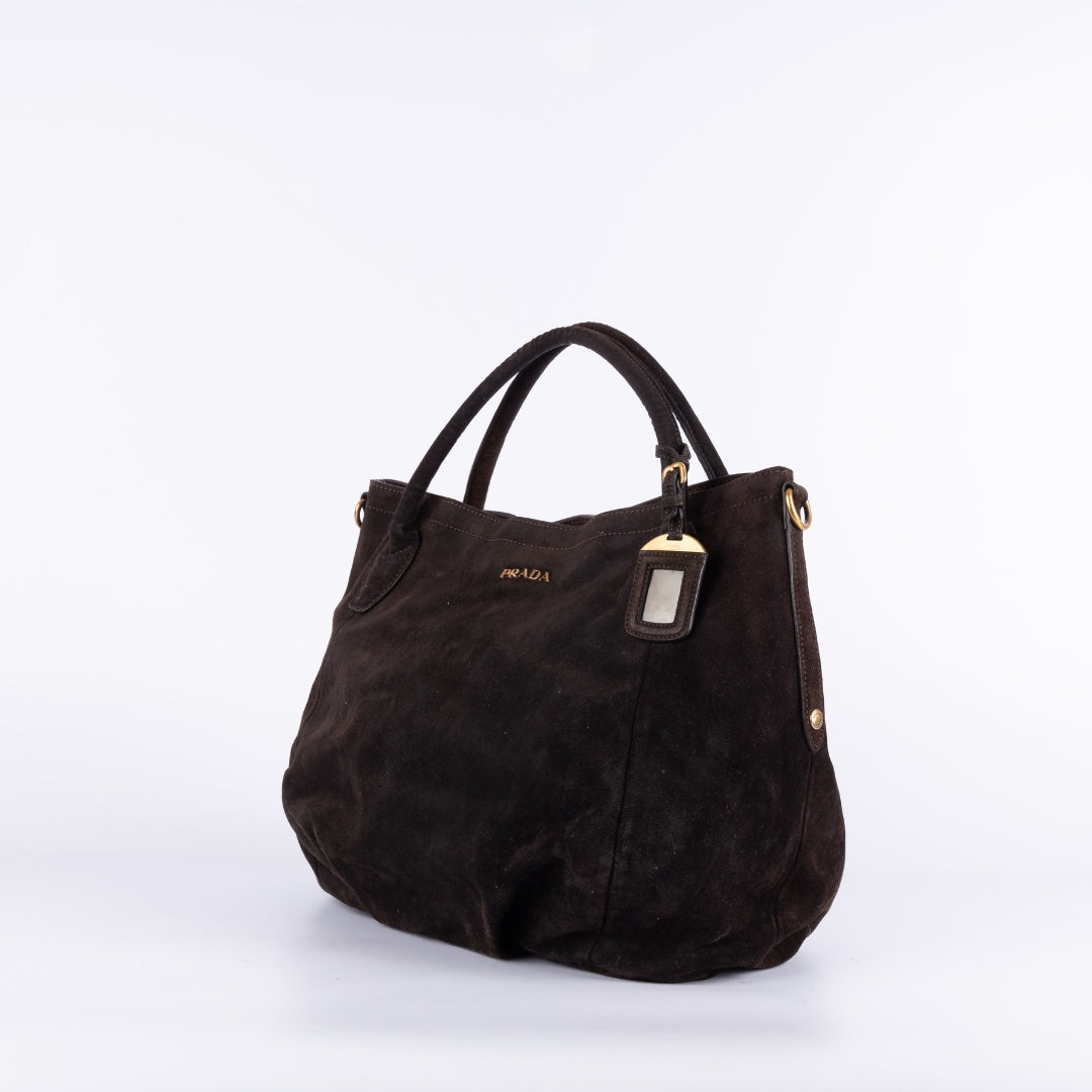 Prada Brown Suede Scamosciato Logo Tote Bag