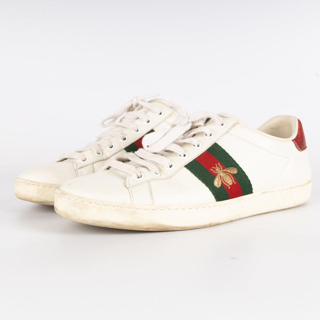 Gucci White Leather and Python Embossed Ace Bee Embroidered Sneakers