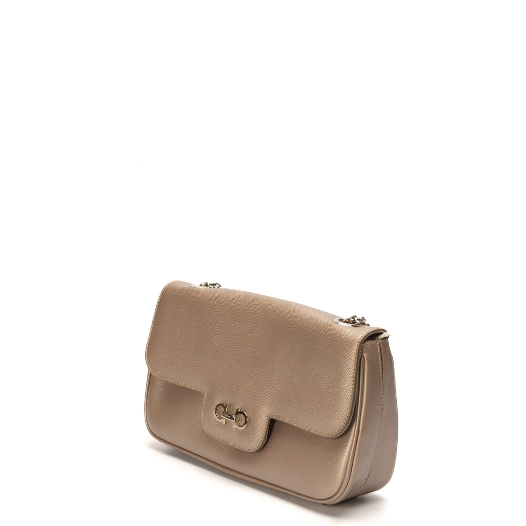 Salvatore Ferragamo Metallic Beige Gancini Flap Bag