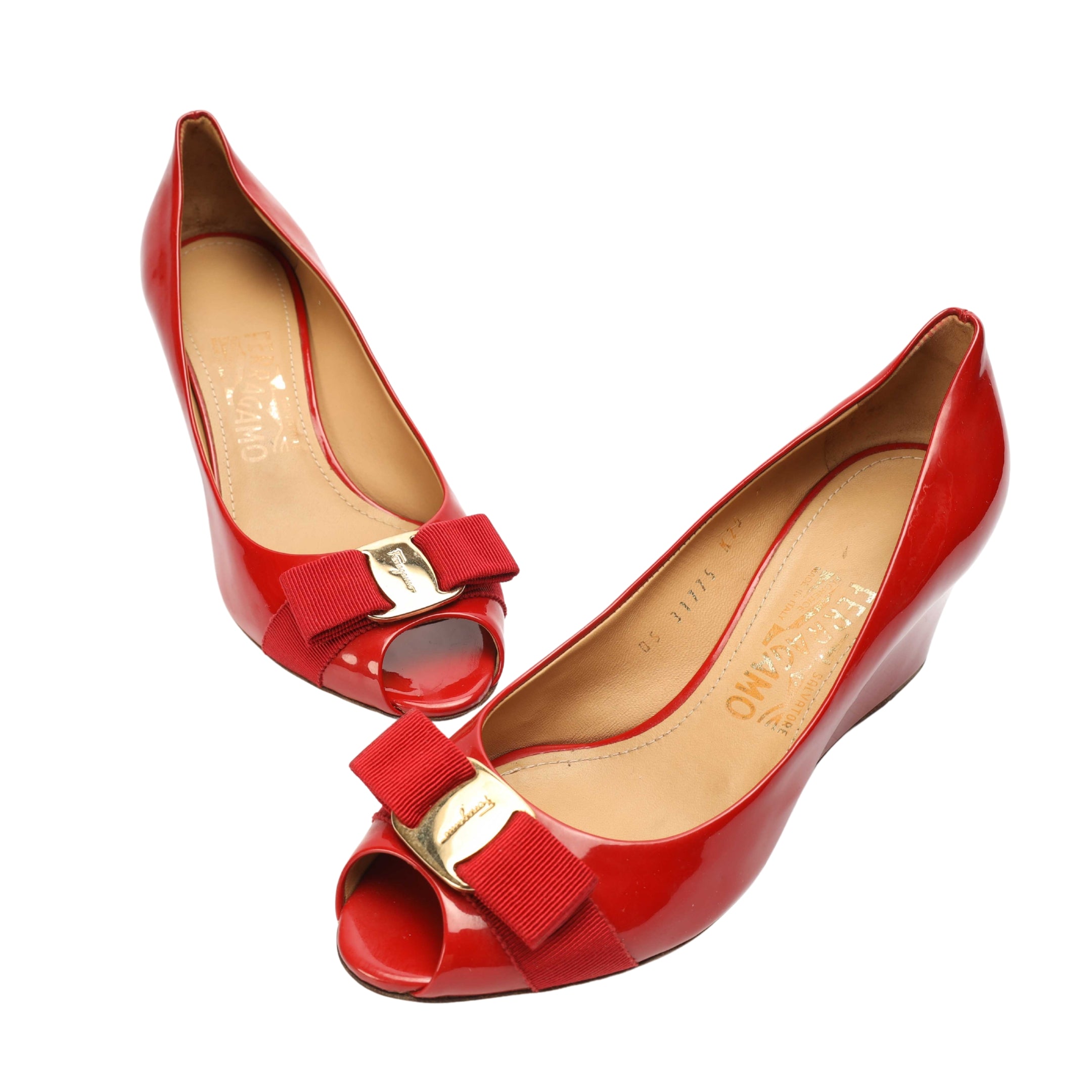 Salvatore Ferragamo Red Sissi Bow Peep Toe Wedge Pumps