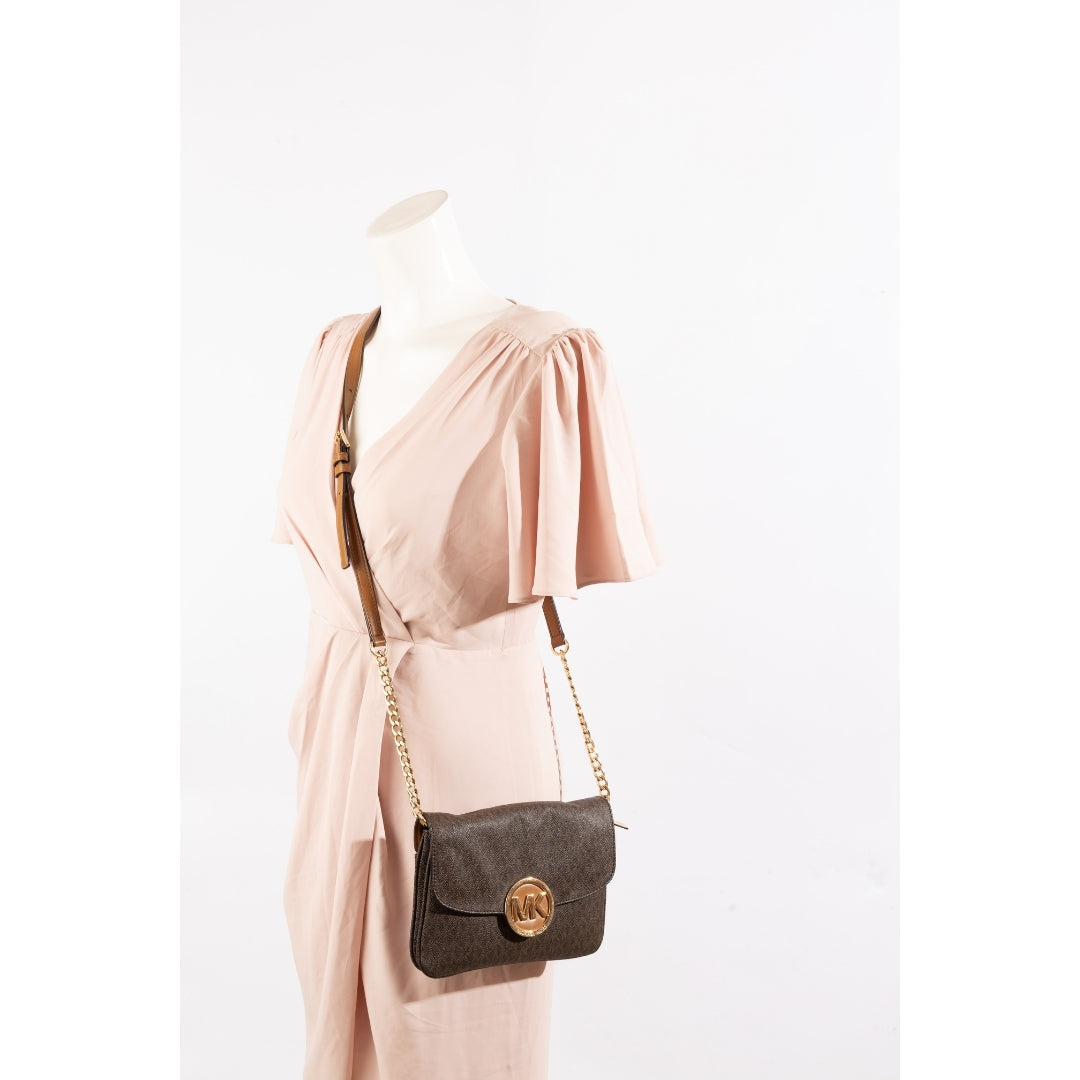 Michael Kors Brown Signature Coated Canvas and Leather Fulton Crossbody Bag