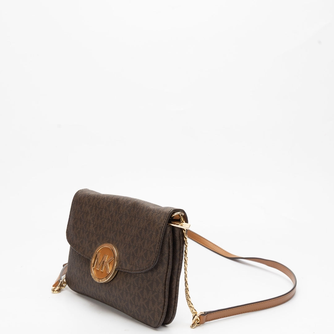 Michael Kors Brown Signature Coated Canvas and Leather Fulton Crossbody Bag