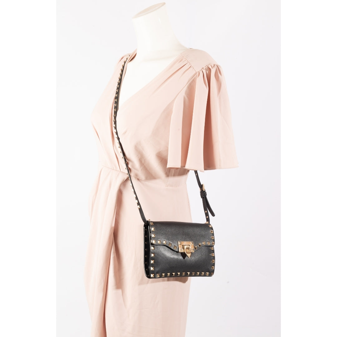 Valentino Black Leather Rockstud Flap Crossbody Bag