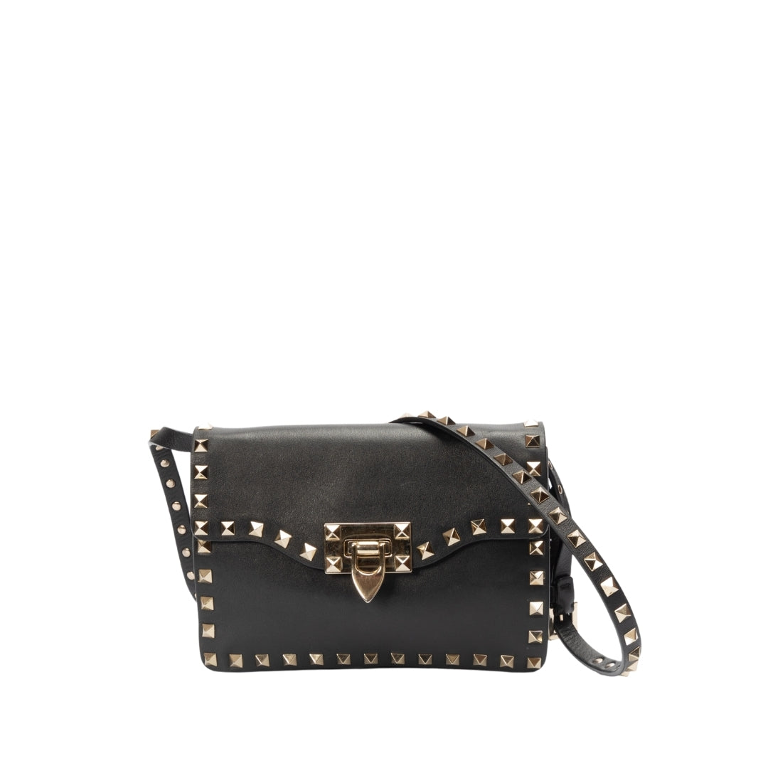 Valentino Black Leather Rockstud Flap Crossbody Bag