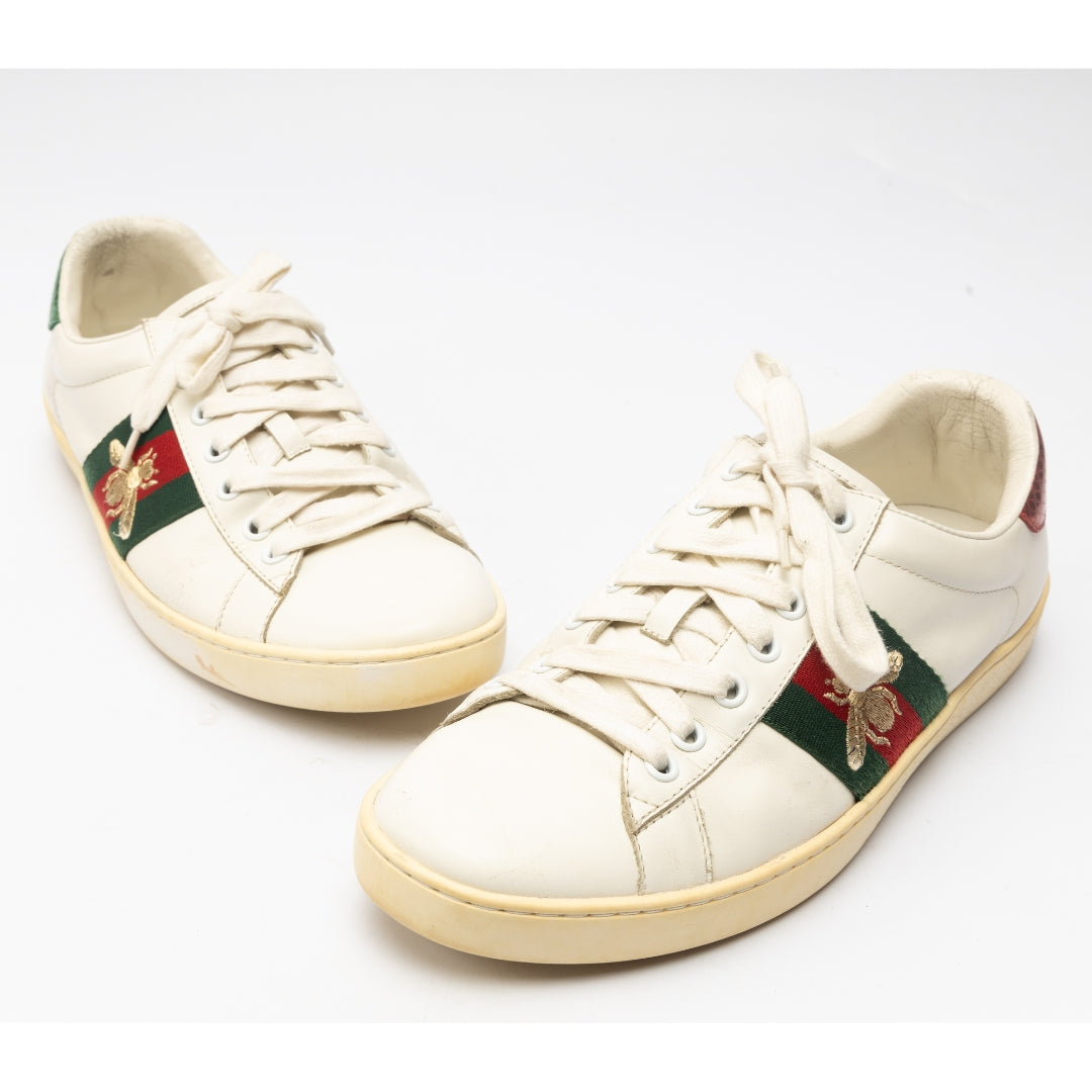 Gucci White Leather and Python Embossed Ace Bee Embroidered Sneakers