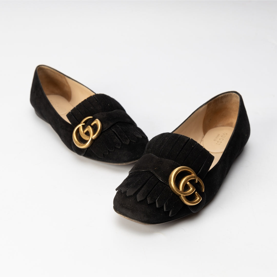 Gucci Black Suede GG Marmont Fringe Detail Ballet Flats