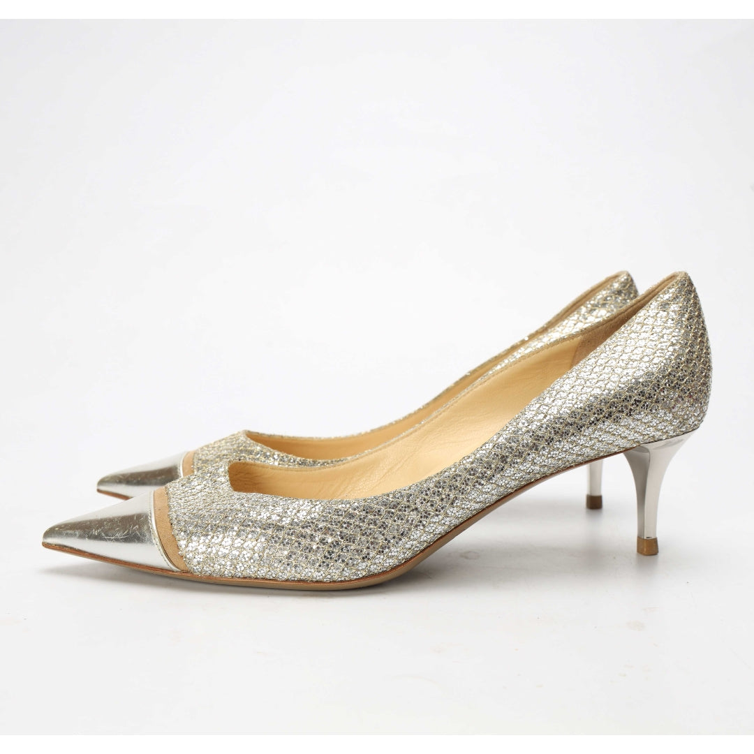 Jimmy Choo Silver Lurex Fabric Pointed Toe Pumps