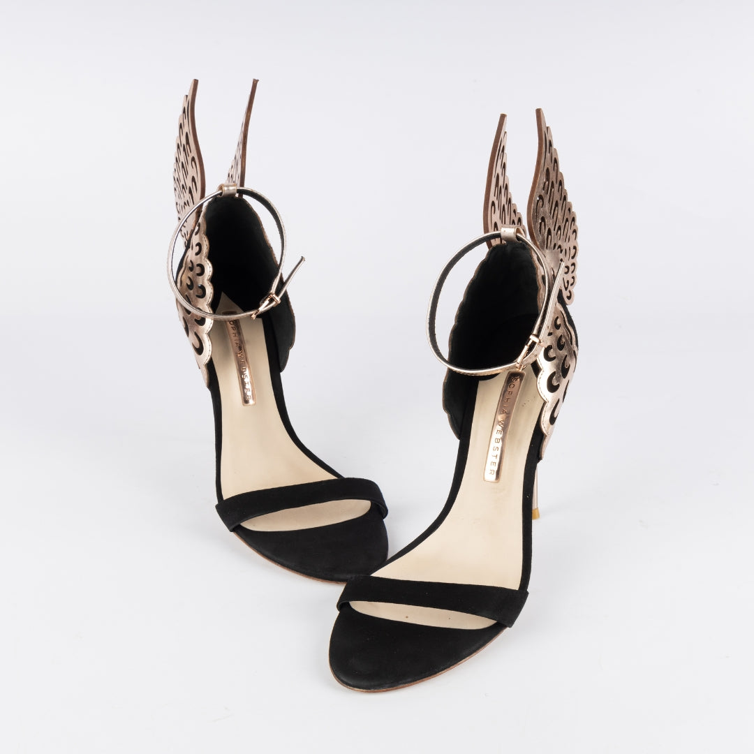 Sophia Webster Black/Rose Gold Suede Evangeline Ankle-Strap Heels