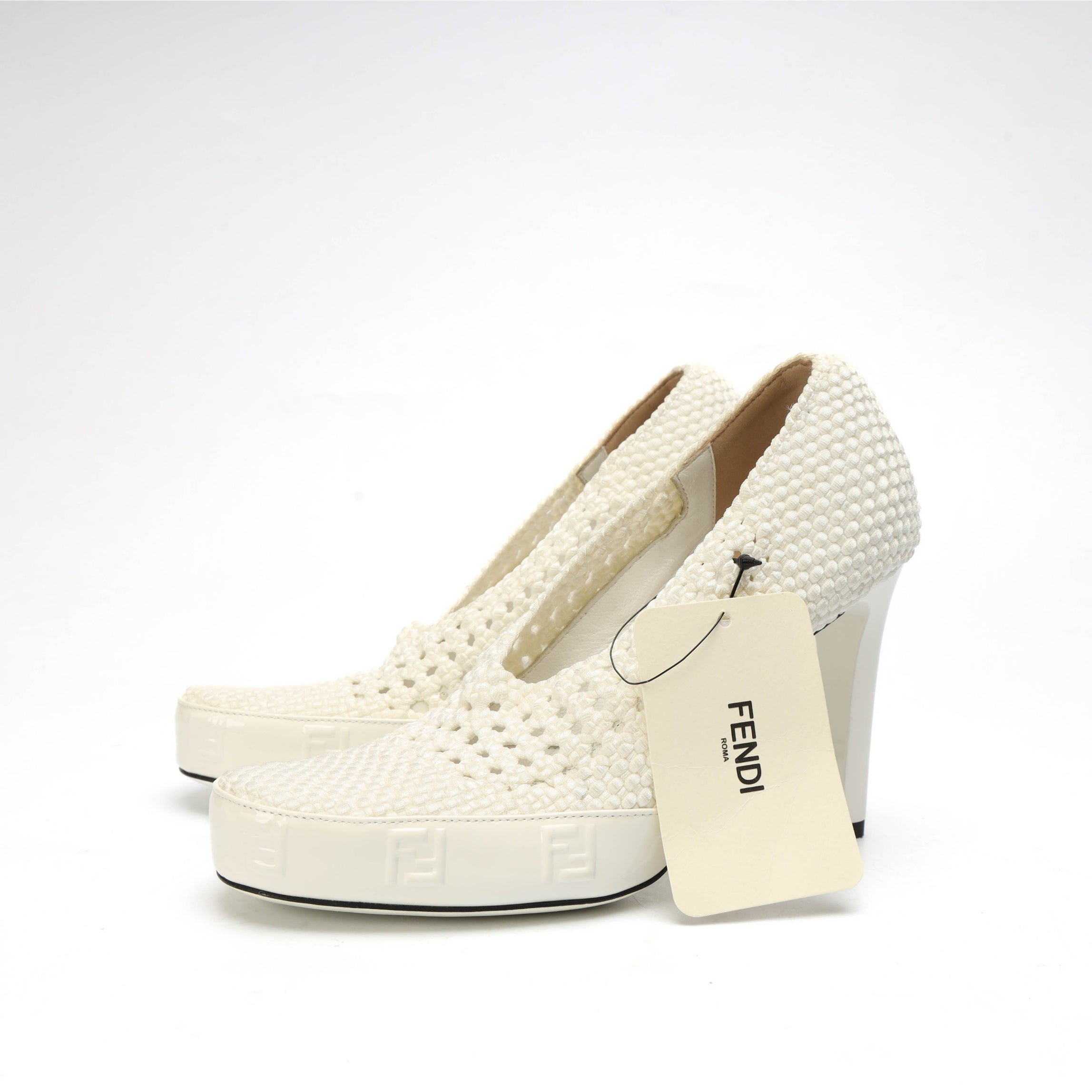 Fendi White Woven Fabric Square Pumps
