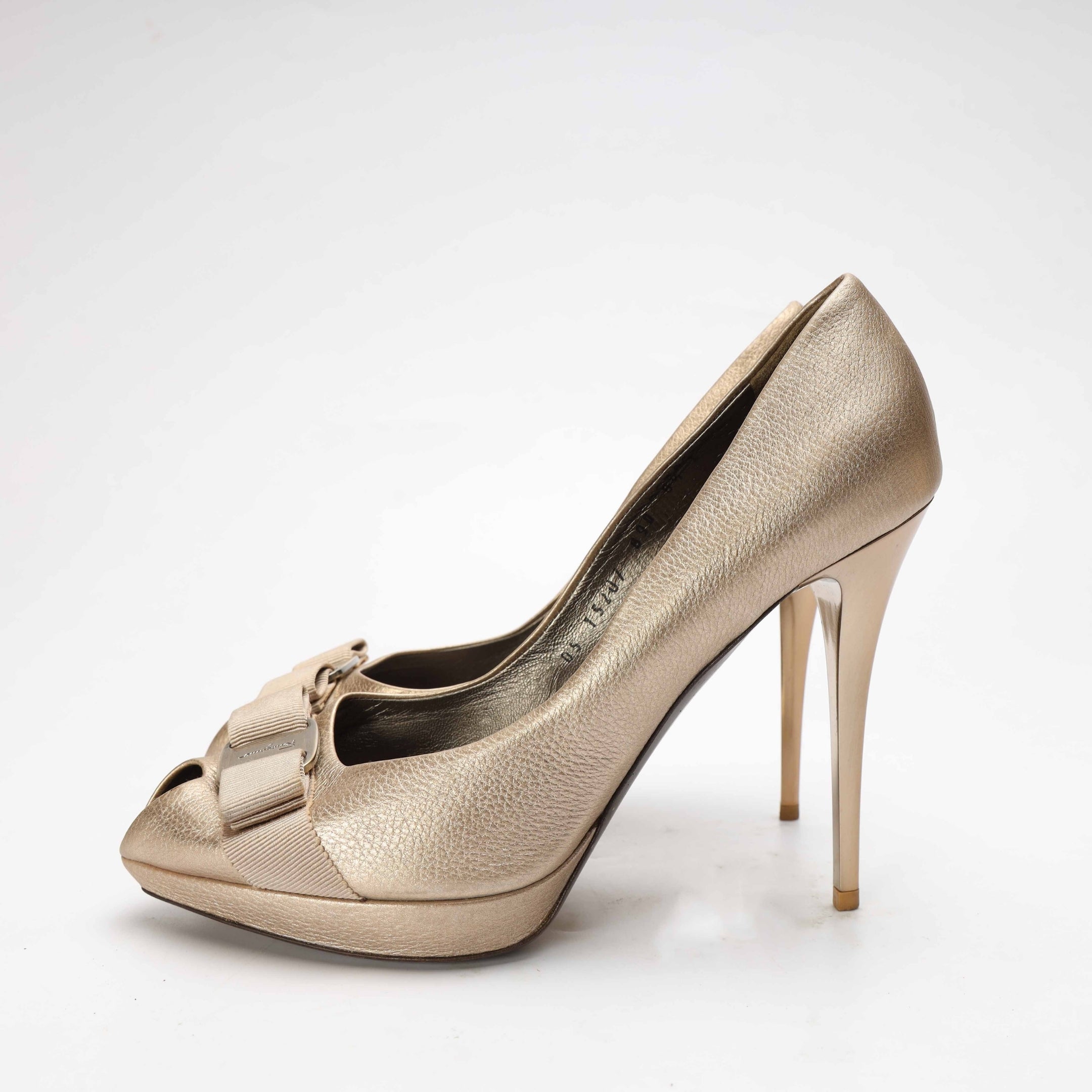 Salvatore Ferragamo Metallic Beige Vara Bow Peep-Toe Pumps