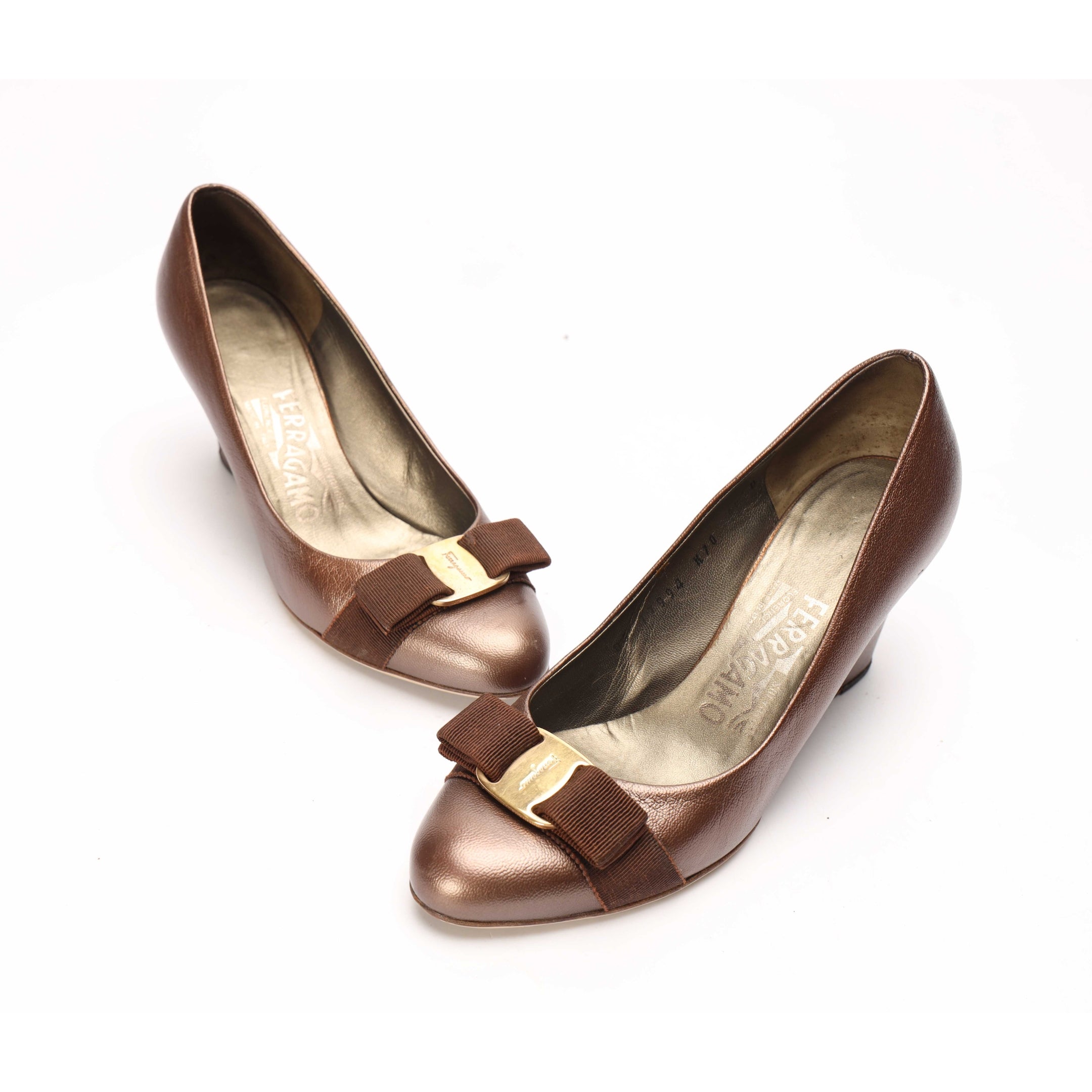 Salvatore Ferragamo Metallic Vara Bow Wedge Pumps