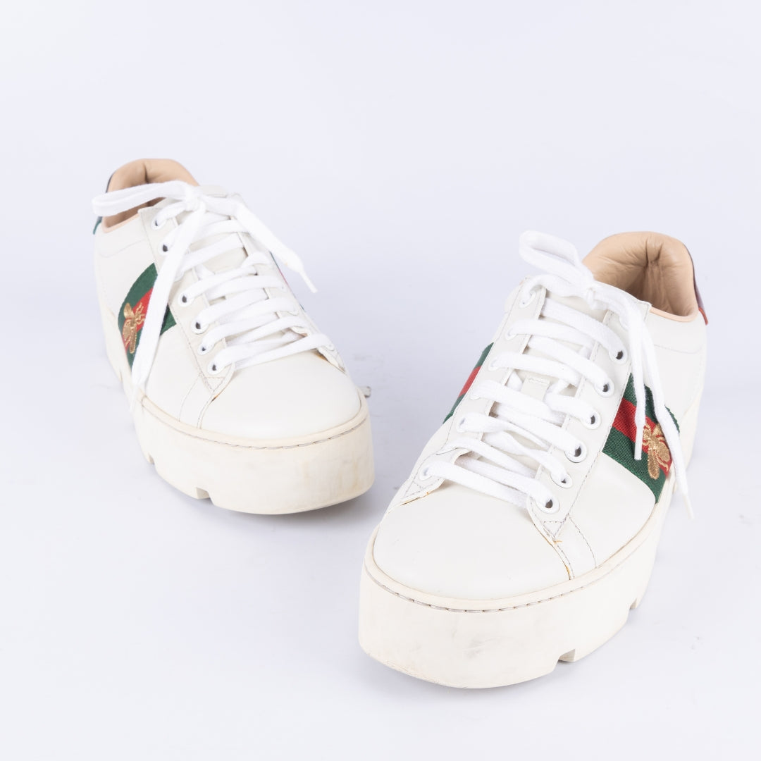 Gucci White Leather Bee Ace Platform Low Top Sneakers