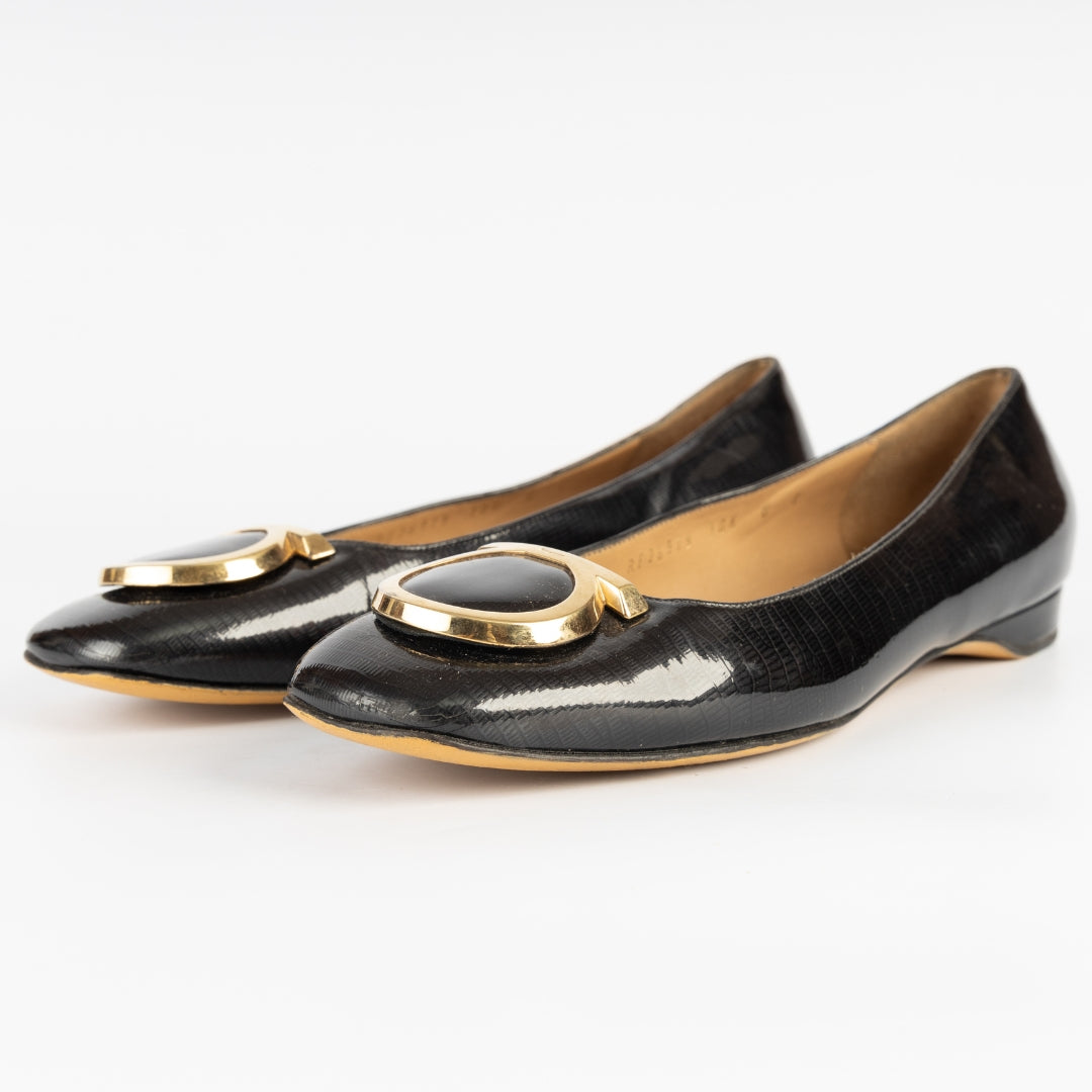 Salvatore Ferragamo Black Patent Leather Buckle Ballet Flats