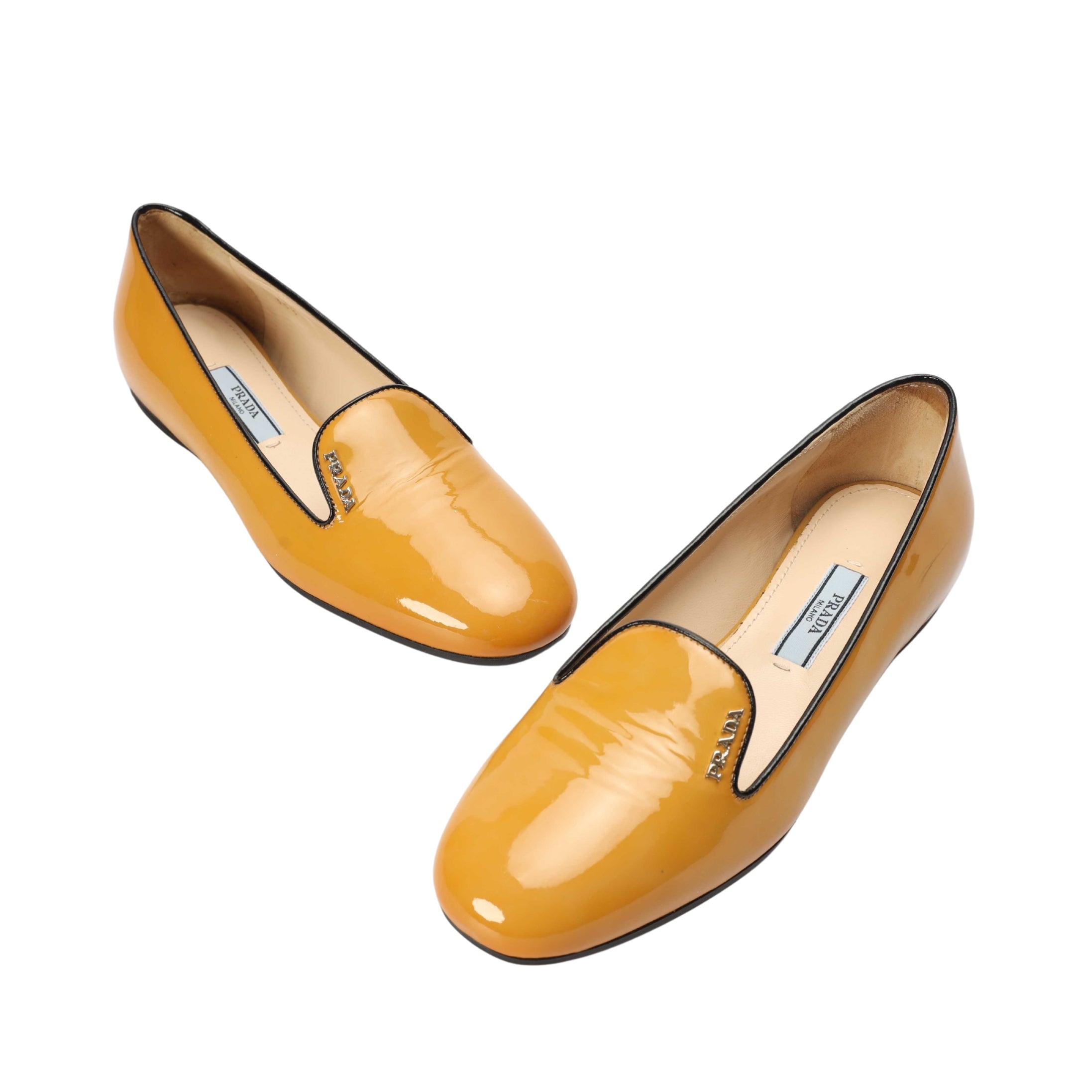 Prada Beige Patent Smoking Slip Ons