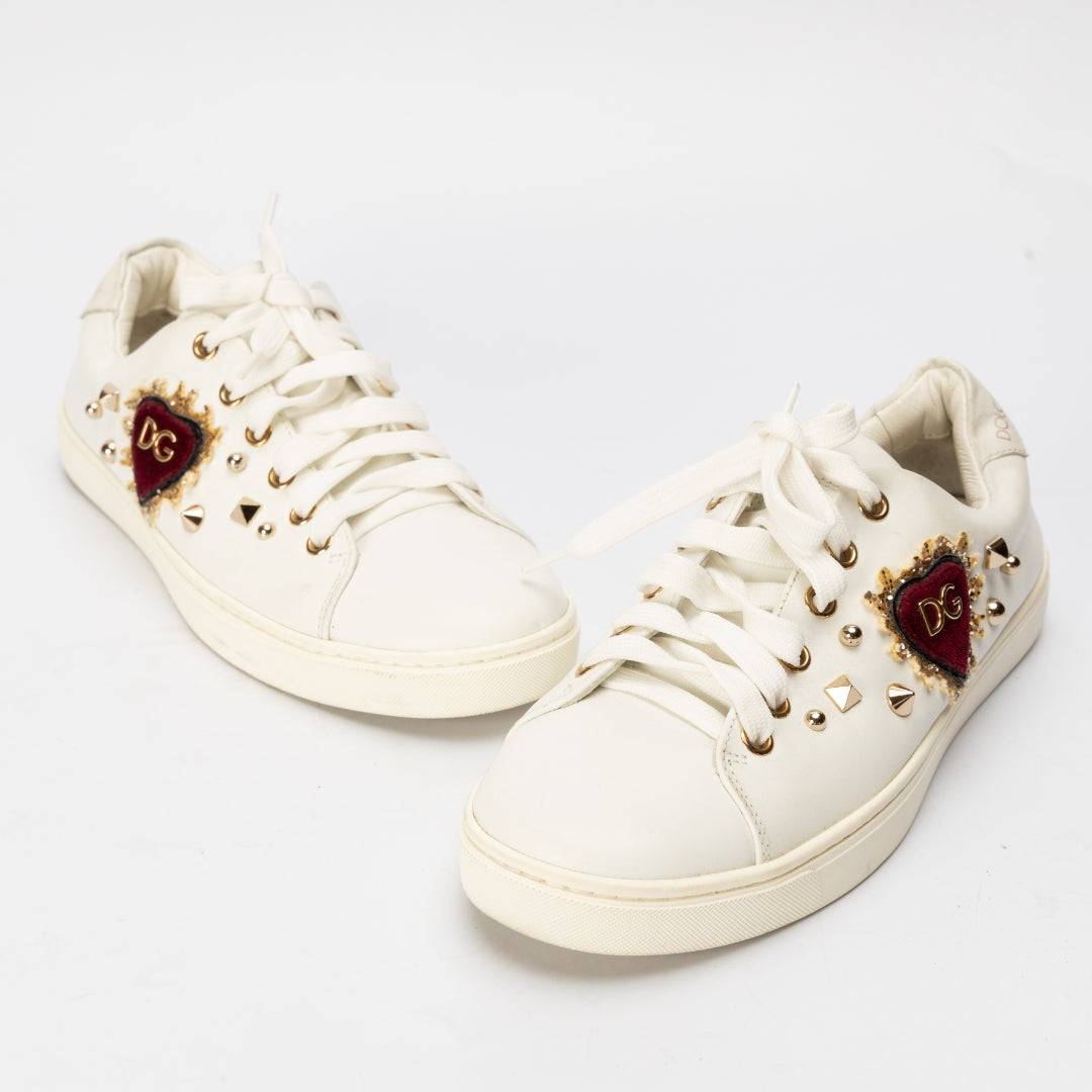 Dolce & Gabbana White Leather Embellished Portofino Sneakers