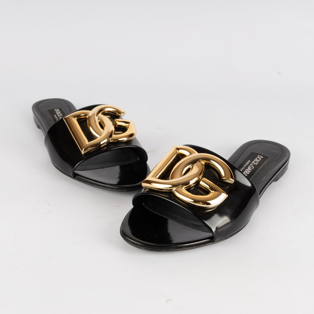 Dolce & Gabbana DG Logo Polished Calfskin Sliders