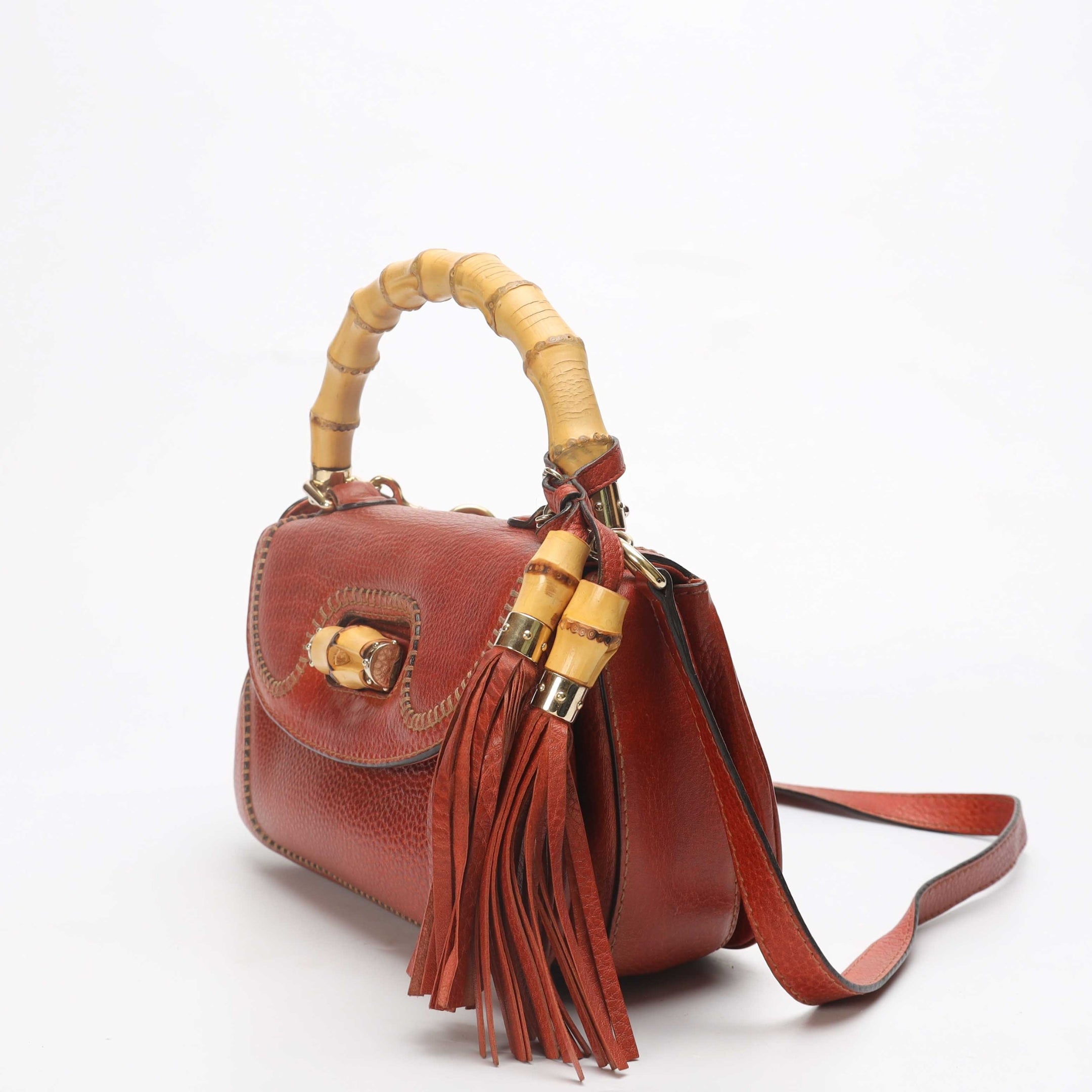 Gucci Red Tassel Bamboo Convertible Crossbody Bag