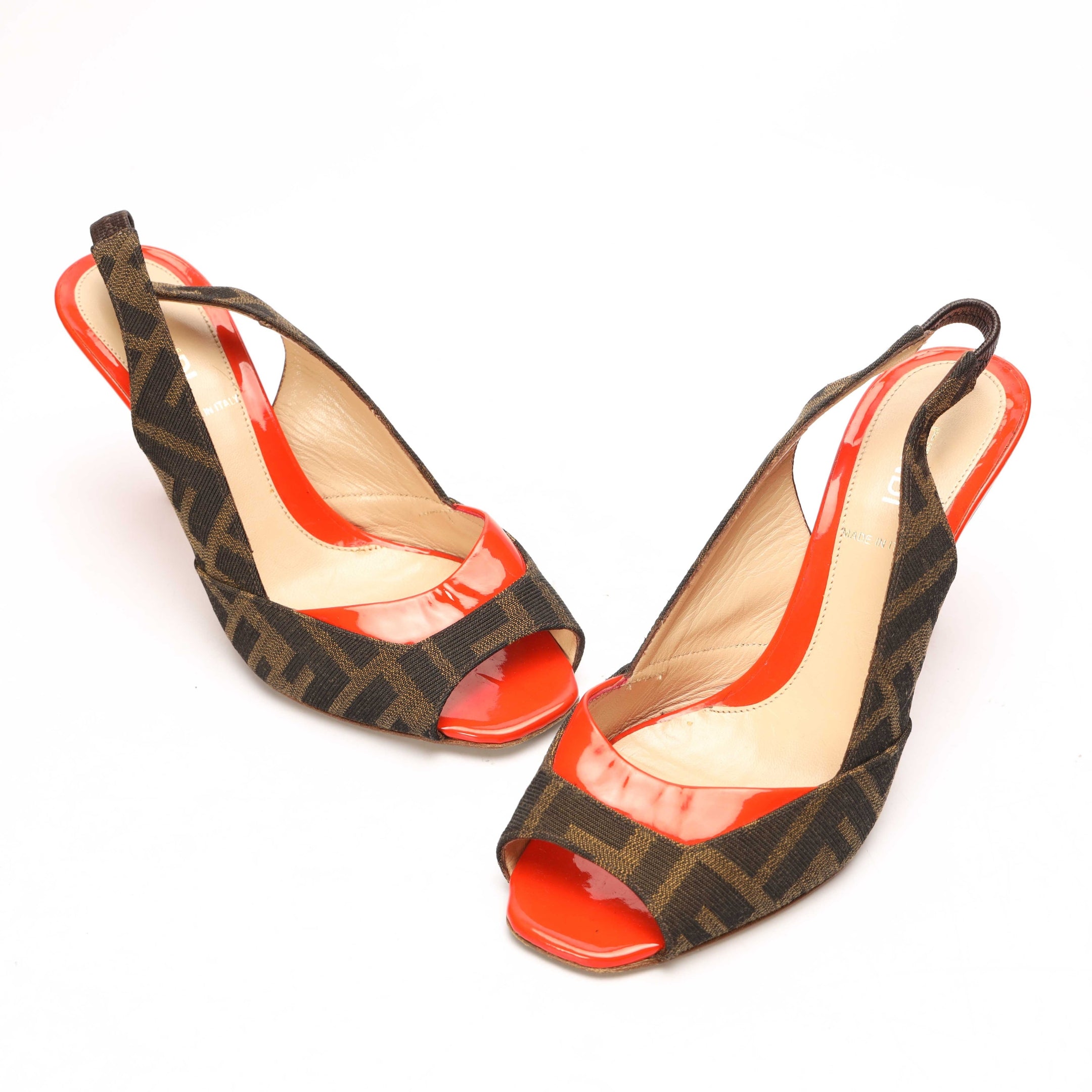 Fendi Brown/Orange Zucca Canvas Slingback Sandals