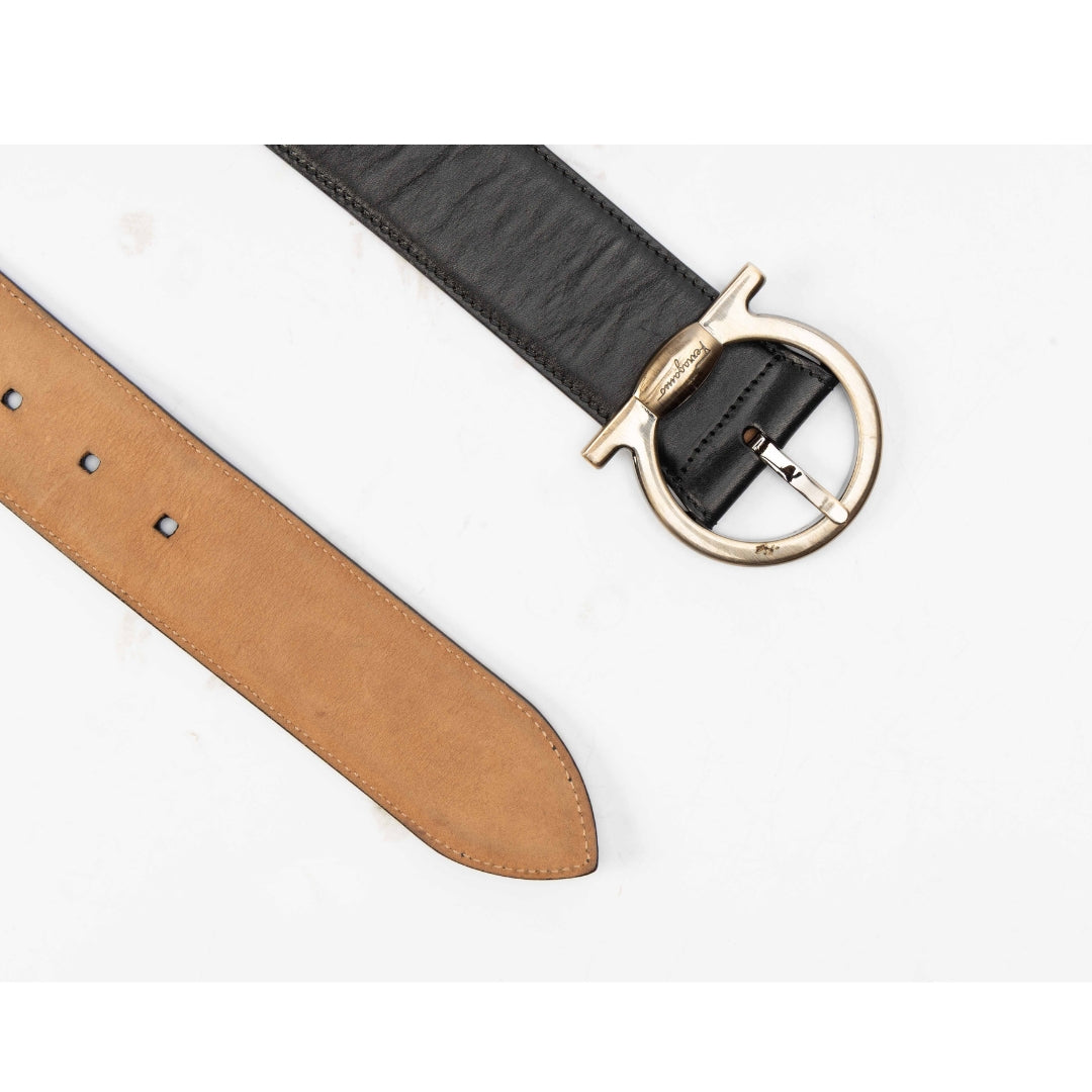 Salvatore Ferragamo Black Leather Gancini Buckle Belt
