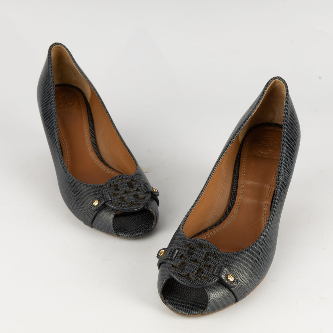 Tory Burch Navy Blue Lizard Embossed Leather Wedge Pumps