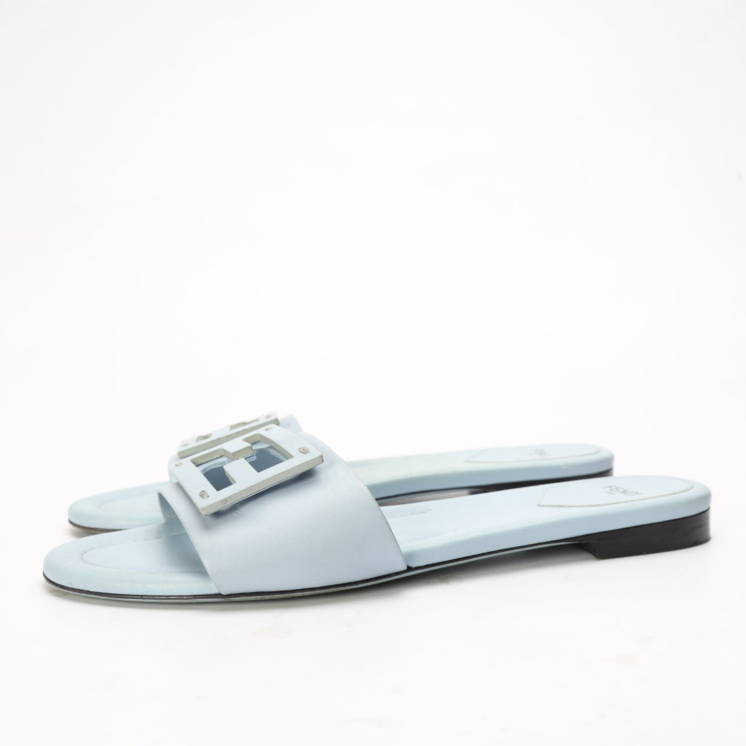 Fendi Baguette Light Blue Leather Slides
