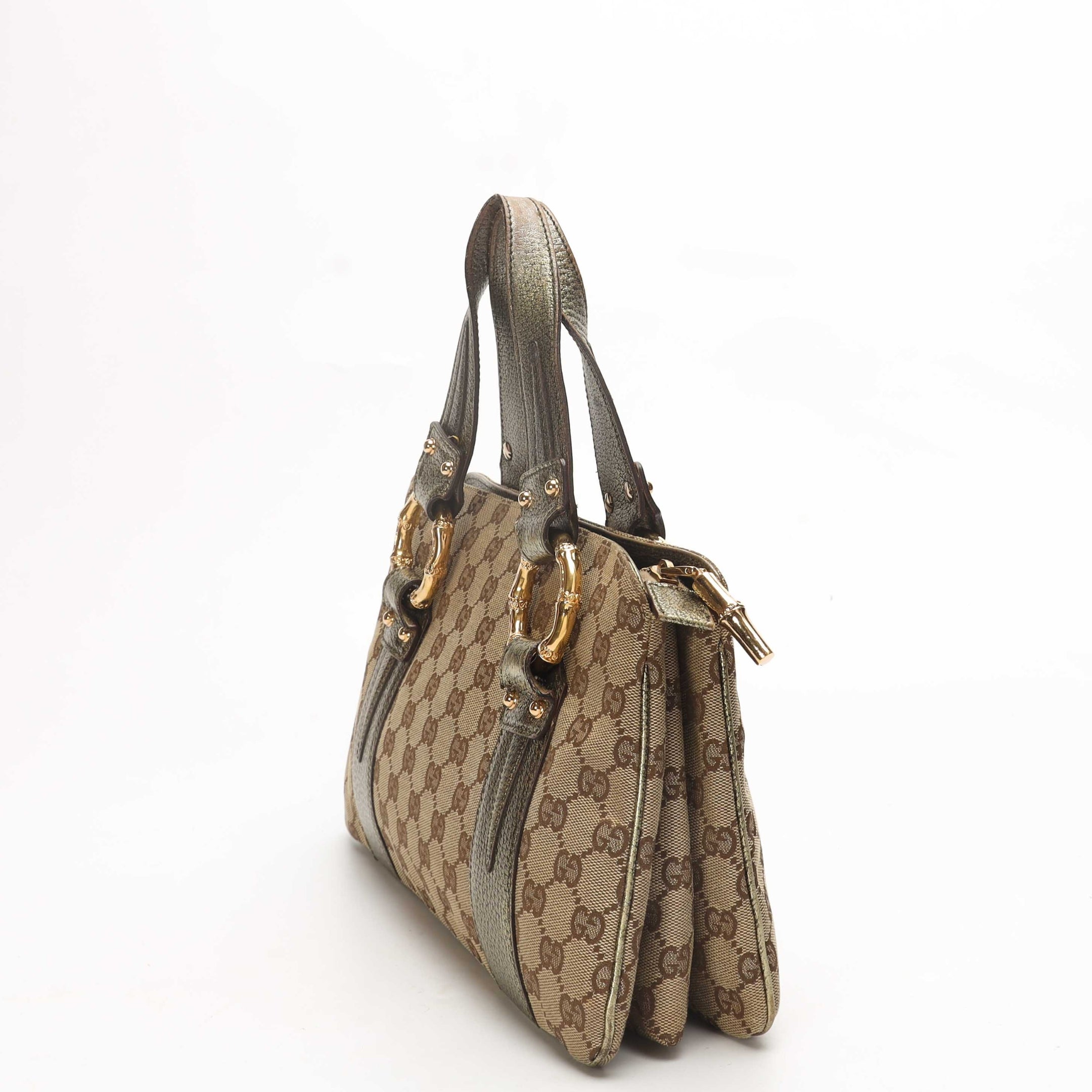 Gucci Metallic/Beige GG Canvas Bamboo Ring Satchel