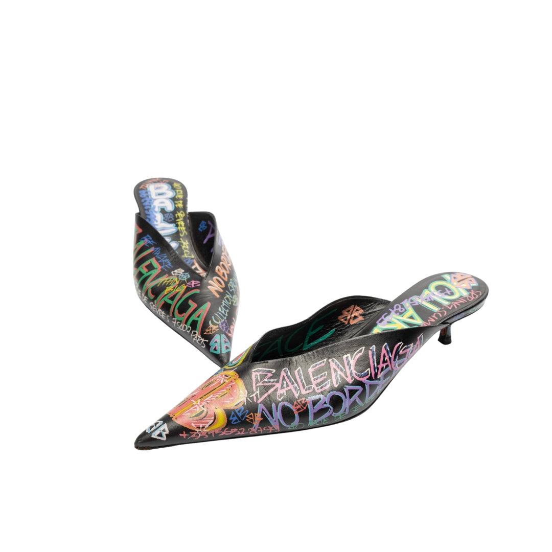 Balenciaga Black Graffiti Knife Pointed Toe Mules