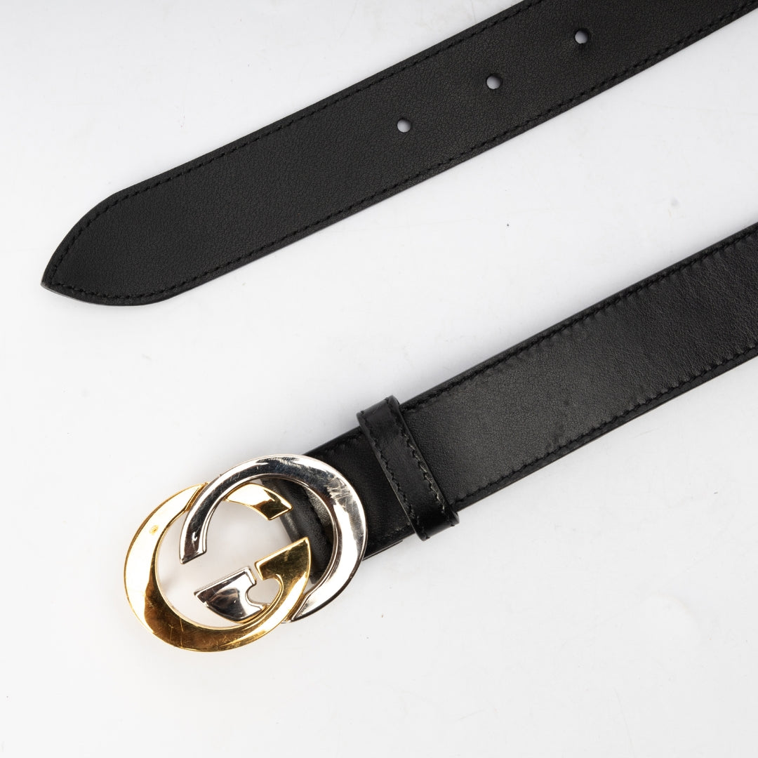 Gucci Black Leather Interlocking G Buckle Belt