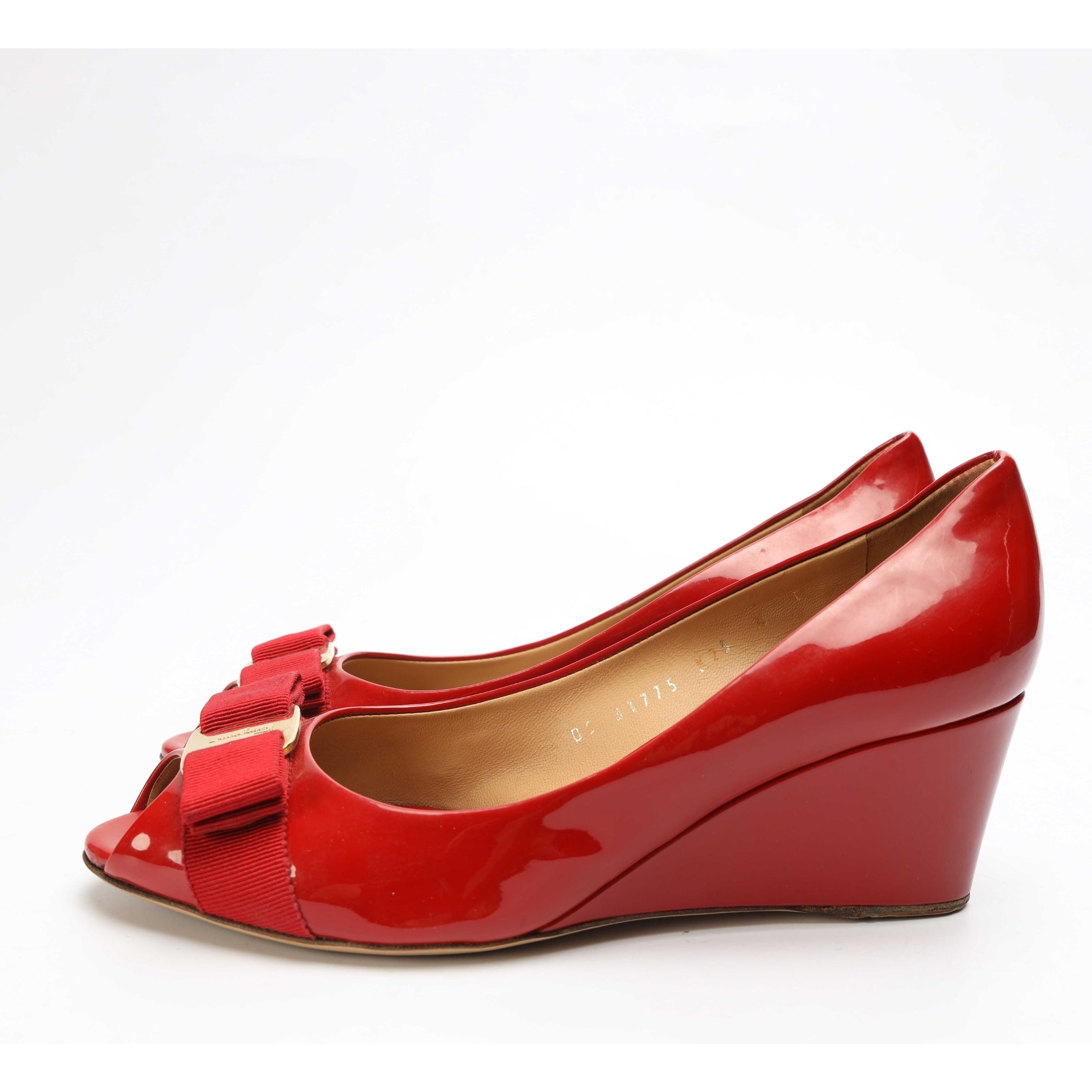 Salvatore Ferragamo Red Sissi Bow Peep Toe Wedge Pumps