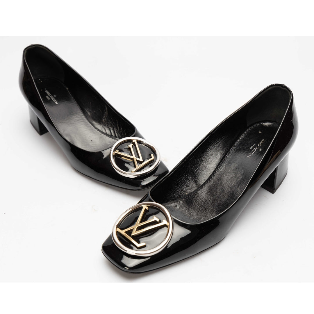 Louis Vuitton Black Madeleine Logo Block Heel Pumps