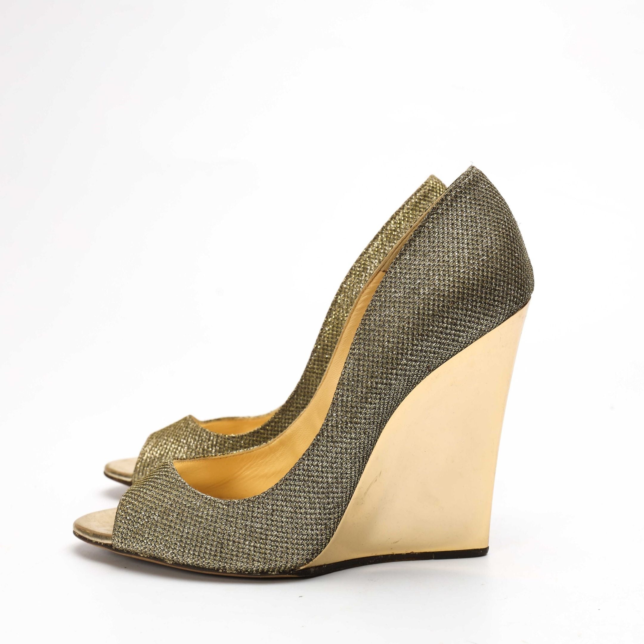 Jimmy Choo Gold Glitter Peep-Toe Pumps