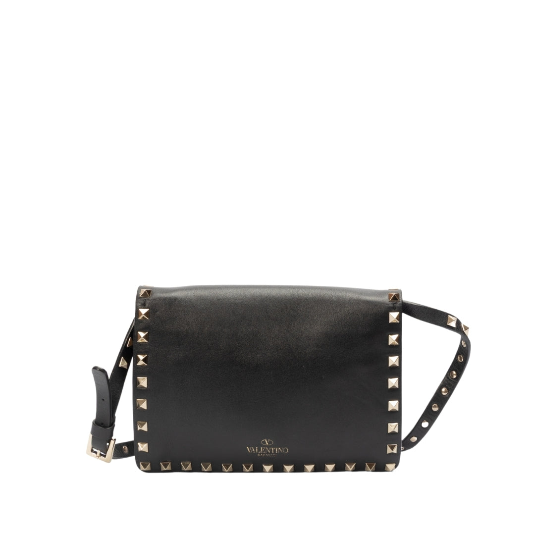 Valentino Black Leather Rockstud Flap Crossbody Bag