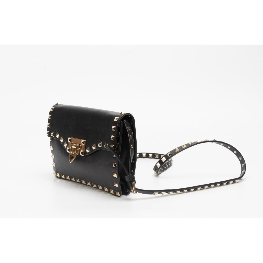 Valentino Black Leather Rockstud Flap Crossbody Bag